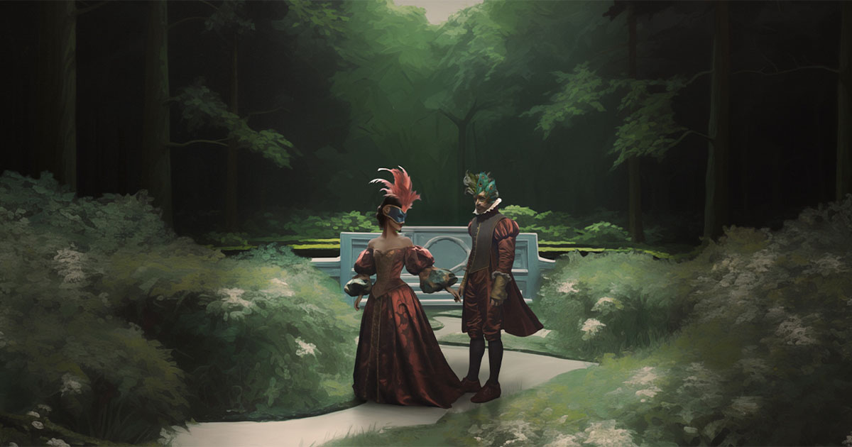 A garden with two people walking in formal 18th century attire.