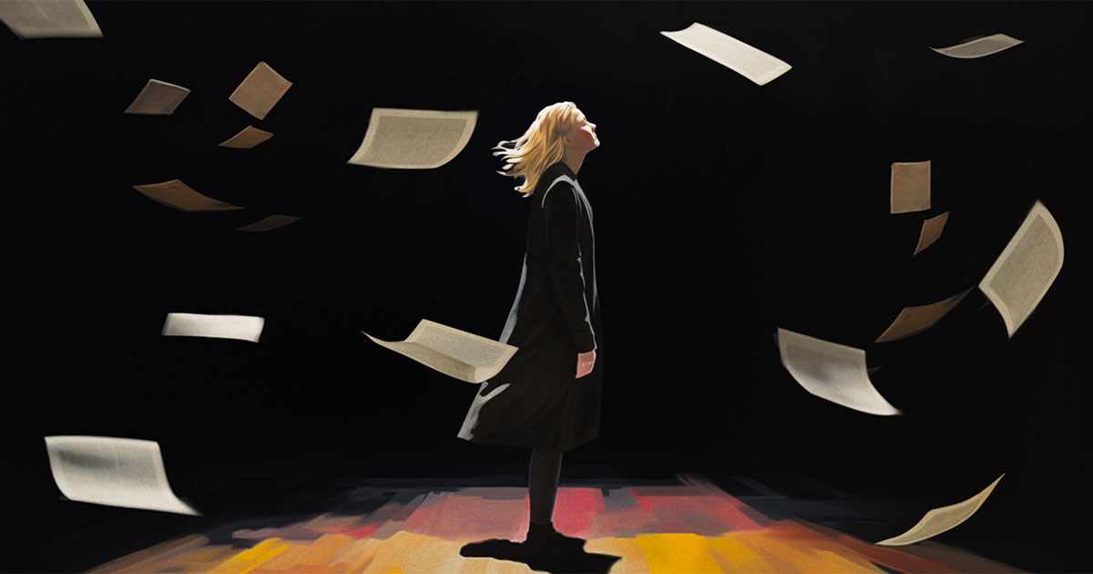 A women standing looking toward the sky with papers floating down all around her.