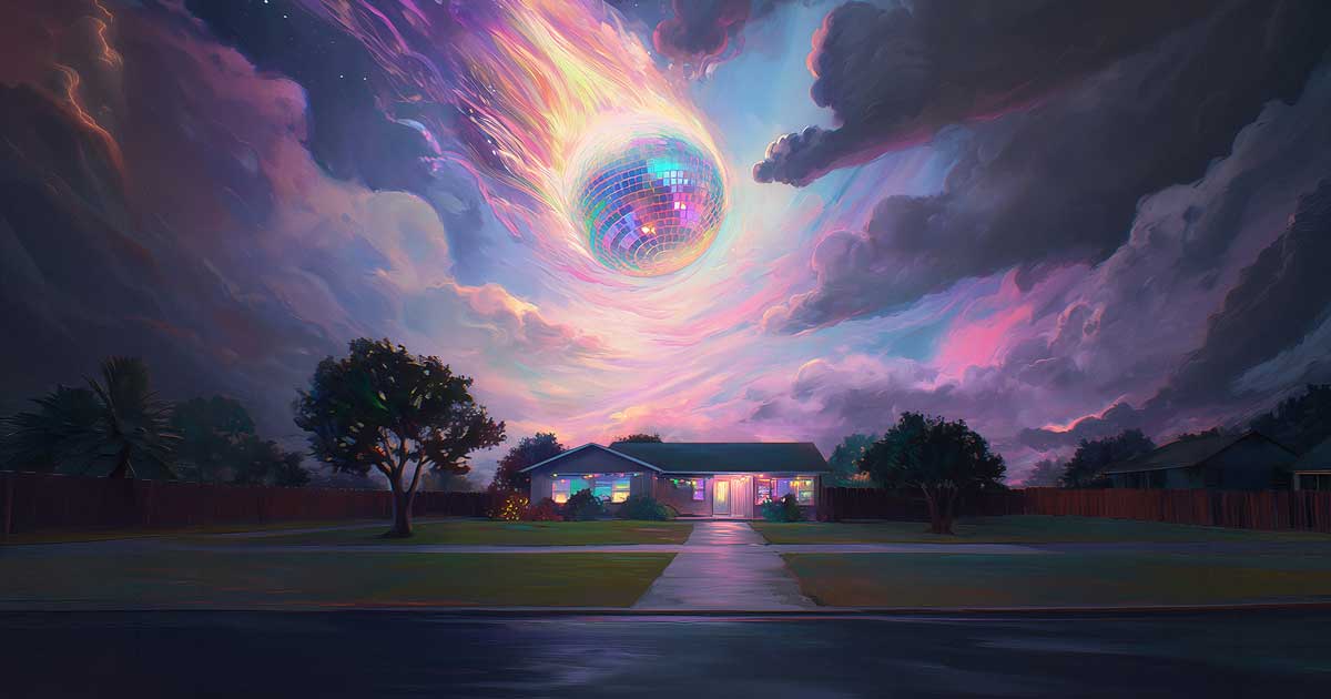 A glowing disco ball with a flaming tail streaks through a vivid stormy sky over a suburban home lit warmly from within.