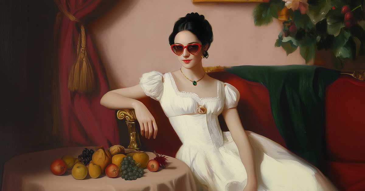 A person in a white regency-style dress lounges on a red velvet couch, wearing red heart-shaped sunglasses and a green pendant necklace.