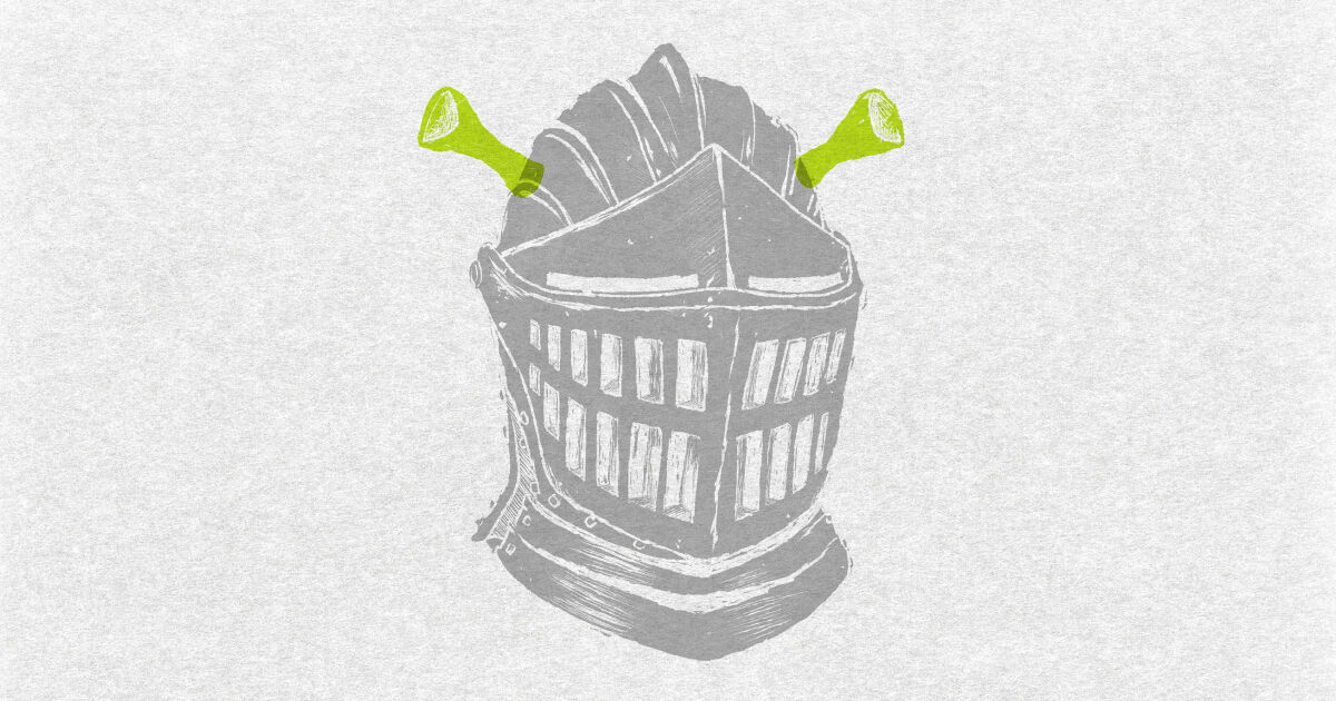 Medieval knight helmet with bright green ogre ears.