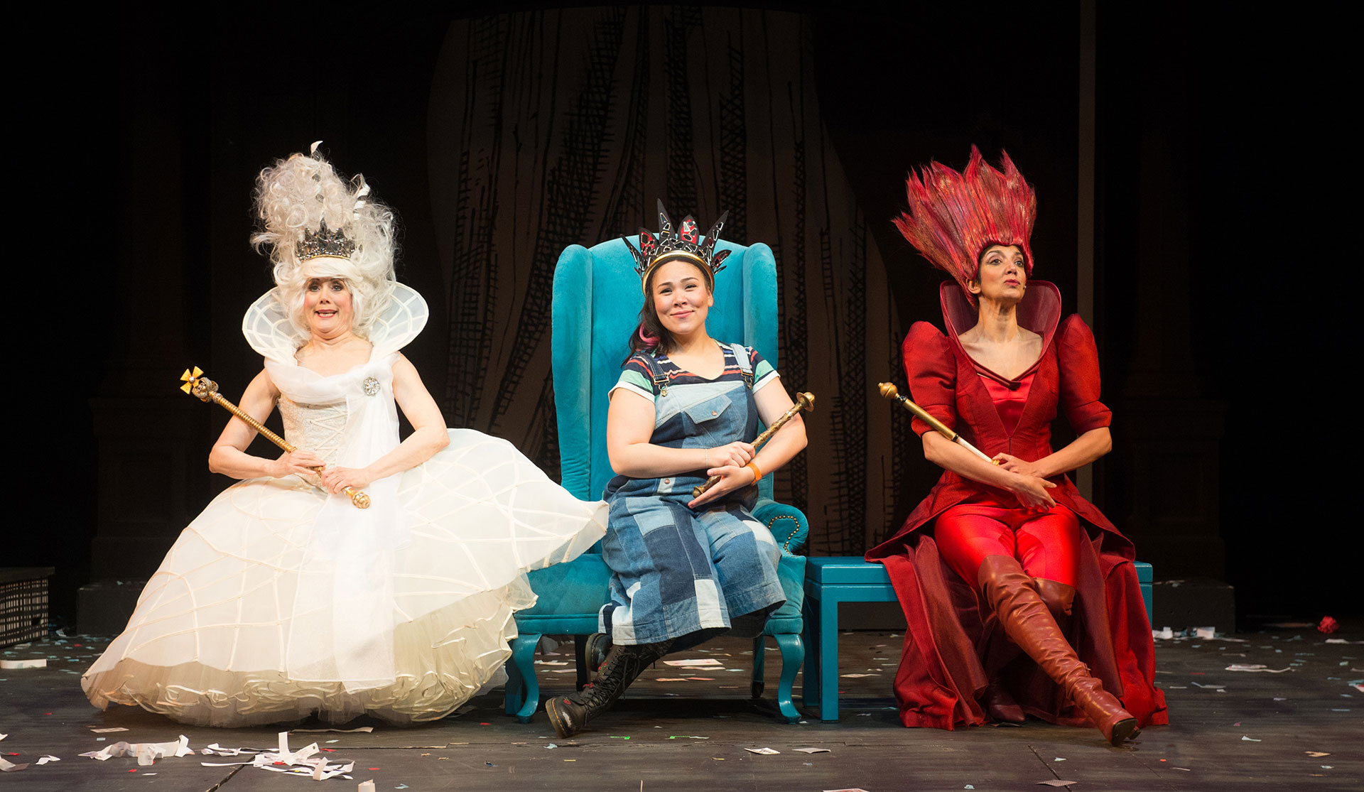 <em>Alice in Wonderland</em> (2019): Robin Goodrin Nordli, Emily Ota, Miriam A. Laube. Photo by Jenny Graham.